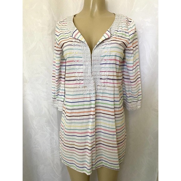 Calypso St. Barth Dress Mini Tunic Hester Striped 3/4 Sleeve Cotton Embr… - Picture 2 of 5
